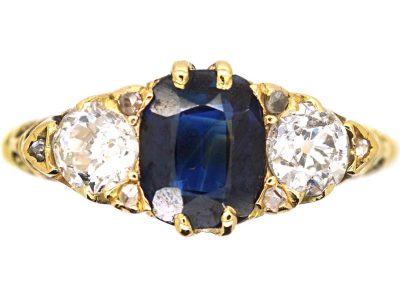Edwardian 18ct Gold, Sapphire & Diamond Three Stone Carved Half Hoop Ring