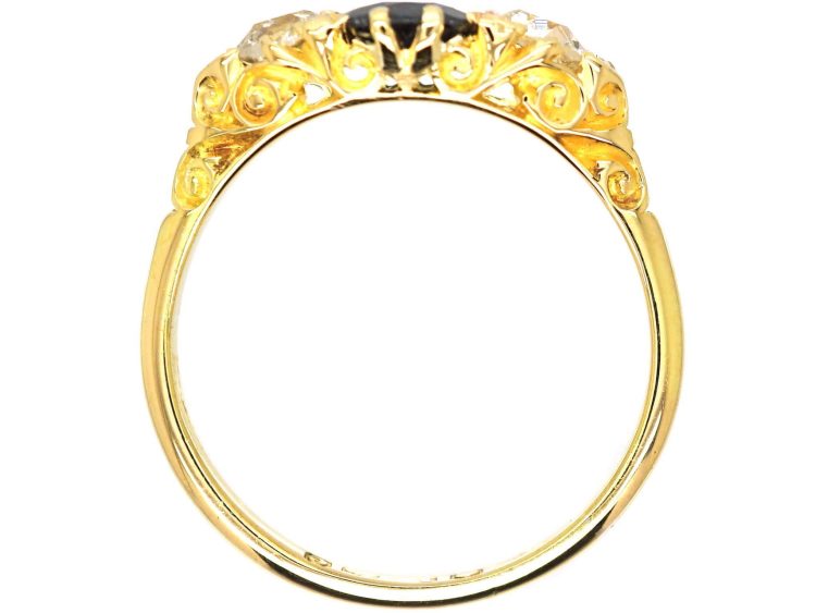 Edwardian 18ct Gold, Sapphire & Diamond Three Stone Carved Half Hoop Ring