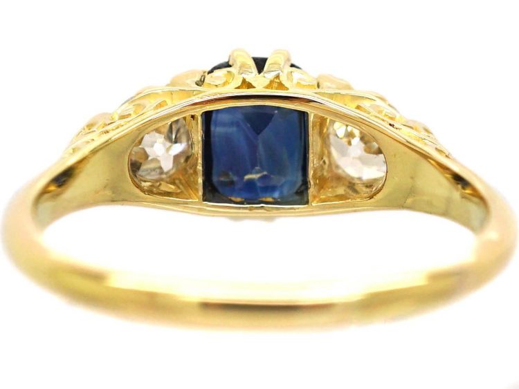 Edwardian 18ct Gold, Sapphire & Diamond Three Stone Carved Half Hoop Ring