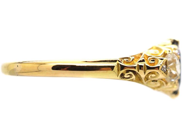 Edwardian 18ct Gold, Sapphire & Diamond Three Stone Carved Half Hoop Ring