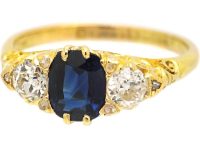 Edwardian 18ct Gold, Sapphire & Diamond Three Stone Carved Half Hoop Ring