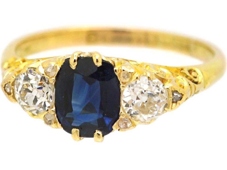 Edwardian 18ct Gold, Sapphire & Diamond Three Stone Carved Half Hoop Ring
