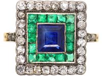 Art Deco 18ct Gold & Platinum Square Ring set with a Sapphire, Emeralds & Diamonds