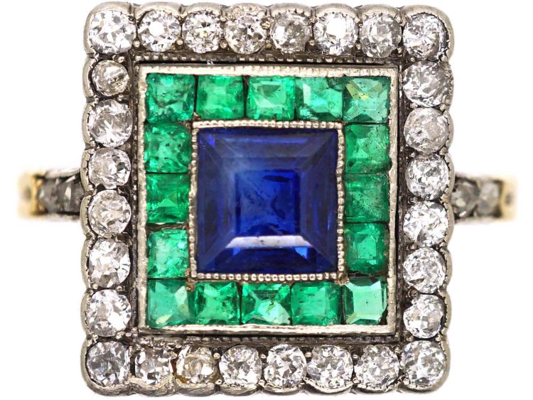 Art Deco 18ct Gold & Platinum Square Ring set with a Sapphire, Emeralds & Diamonds