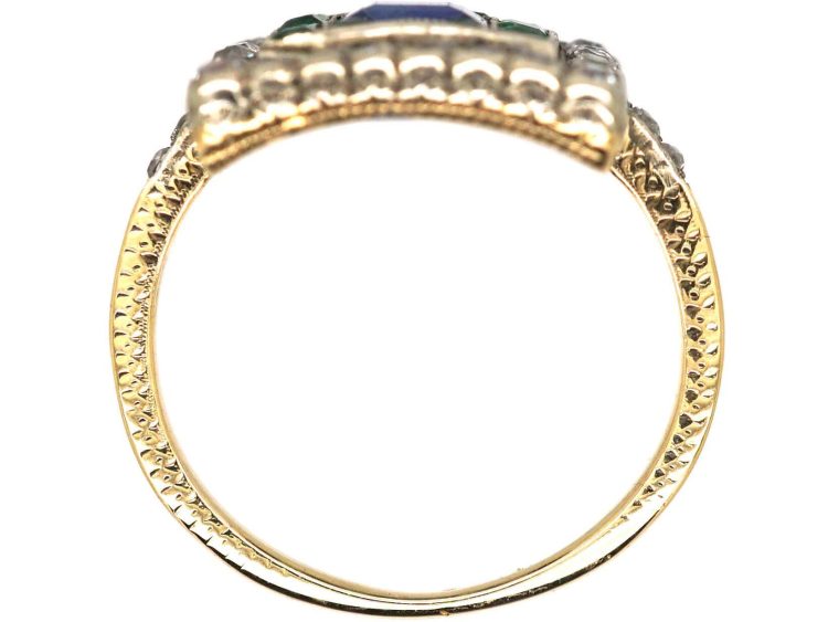 Art Deco 18ct Gold & Platinum Square Ring set with a Sapphire, Emeralds & Diamonds