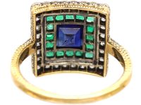 Art Deco 18ct Gold & Platinum Square Ring set with a Sapphire, Emeralds & Diamonds