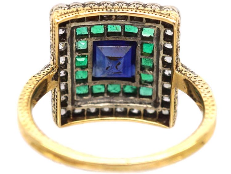 Art Deco 18ct Gold & Platinum Square Ring set with a Sapphire, Emeralds & Diamonds