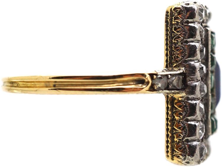 Art Deco 18ct Gold & Platinum Square Ring set with a Sapphire, Emeralds & Diamonds