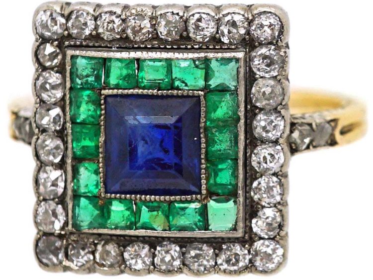 Art Deco 18ct Gold & Platinum Square Ring set with a Sapphire, Emeralds & Diamonds