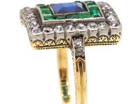 Art Deco 18ct Gold & Platinum Square Ring set with a Sapphire, Emeralds & Diamonds