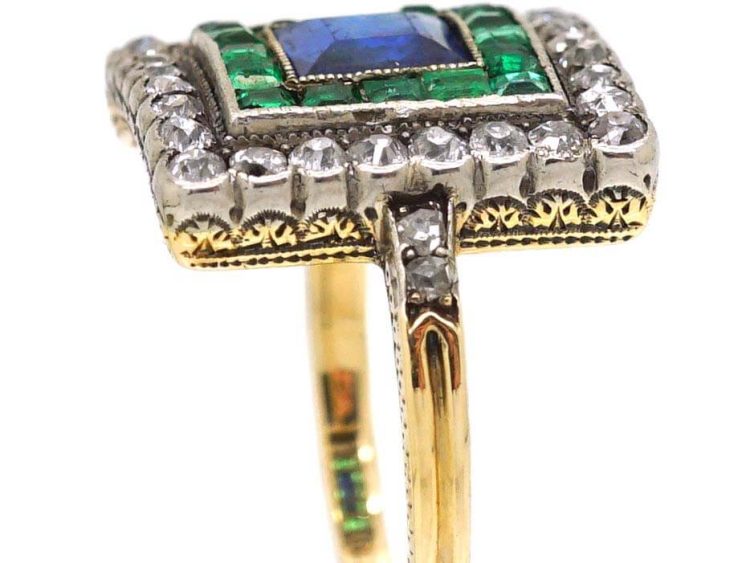 Art Deco 18ct Gold & Platinum Square Ring set with a Sapphire, Emeralds & Diamonds