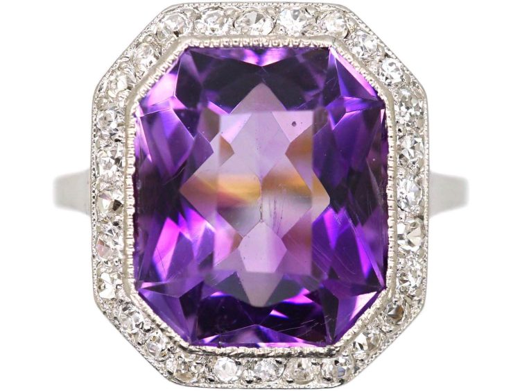 Art Deco 18ct Gold & Platinum Amethyst & Diamond Octagonal Ring