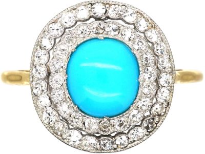 Edwardian 18ct Gold & Platinum Turquoise & Diamond Cluster Ring