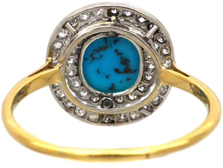 Edwardian 18ct Gold & Platinum Turquoise & Diamond Cluster Ring