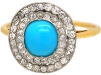 Edwardian 18ct Gold & Platinum Turquoise & Diamond Cluster Ring