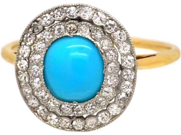 Edwardian 18ct Gold & Platinum Turquoise & Diamond Cluster Ring