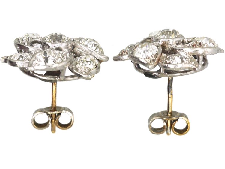 Edwardian 18ct White Gold Diamond Flower Cluster Earrings