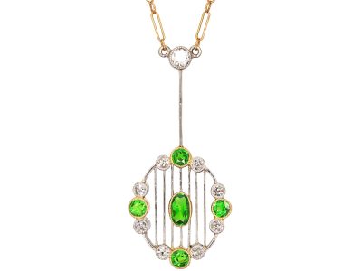 Early 20th Century 14ct Gold & Platinum Pendant set with Green Garnets & Diamonds on 14ct Gold Chain
