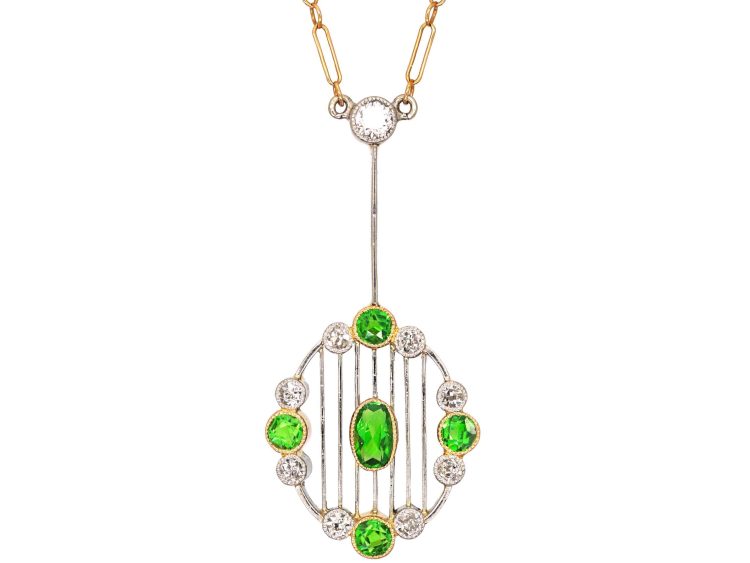 Early 20th Century 14ct Gold & Platinum Pendant set with Green Garnets & Diamonds on 14ct Gold Chain