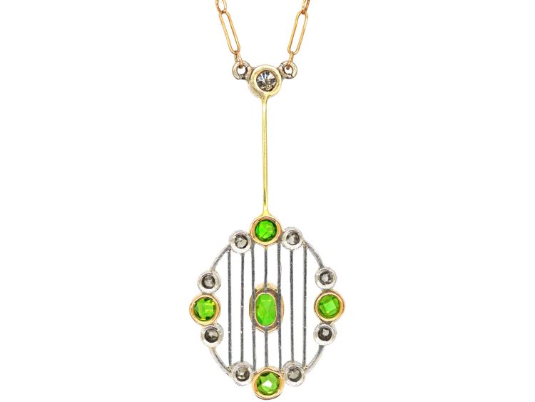 Early 20th Century 14ct Gold & Platinum Pendant set with Green Garnets & Diamonds on 14ct Gold Chain