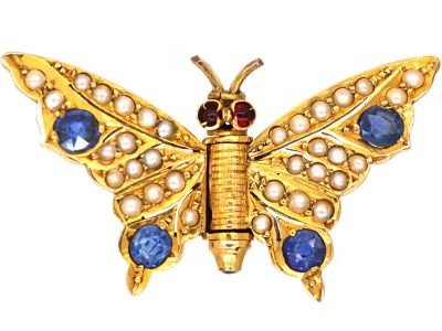 Edwardian 15cy Gold Butterfly Clip Brooch set with Sapphires, Natural Split Pearls & Garnets