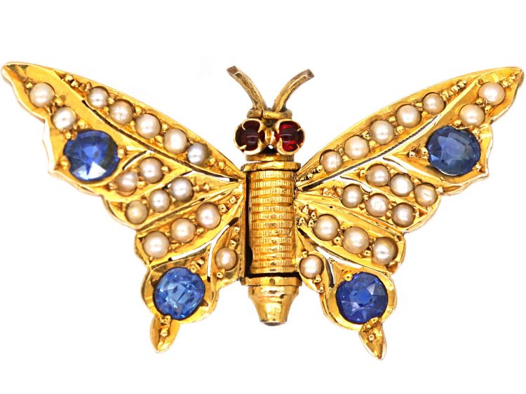 Edwardian 15cy Gold Butterfly Clip Brooch set with Sapphires, Natural Split Pearls & Garnets