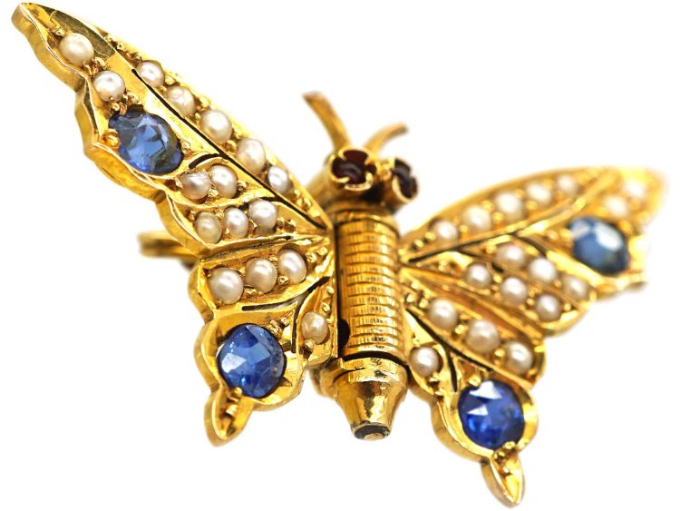 Edwardian 15cy Gold Butterfly Clip Brooch set with Sapphires, Natural Split Pearls & Garnets