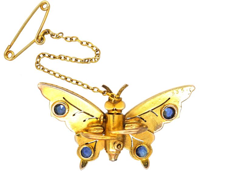 Edwardian 15cy Gold Butterfly Clip Brooch set with Sapphires, Natural Split Pearls & Garnets
