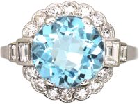 Art Deco Swedish 18ct White Gold Aquamarine & Diamond Cluster Ring