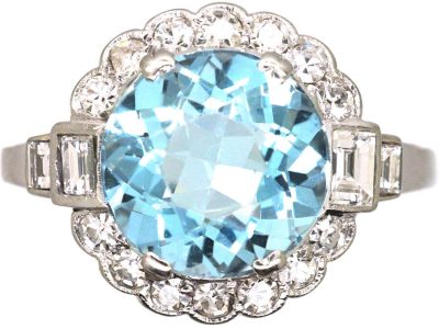 Art Deco Swedish 18ct White Gold Aquamarine & Diamond Cluster Ring