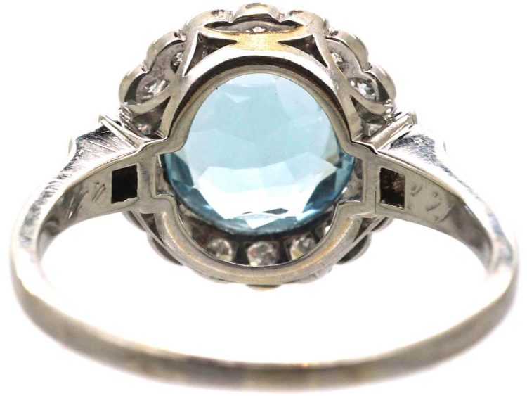 Art Deco Swedish 18ct White Gold Aquamarine & Diamond Cluster Ring
