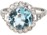 Art Deco Swedish 18ct White Gold Aquamarine & Diamond Cluster Ring