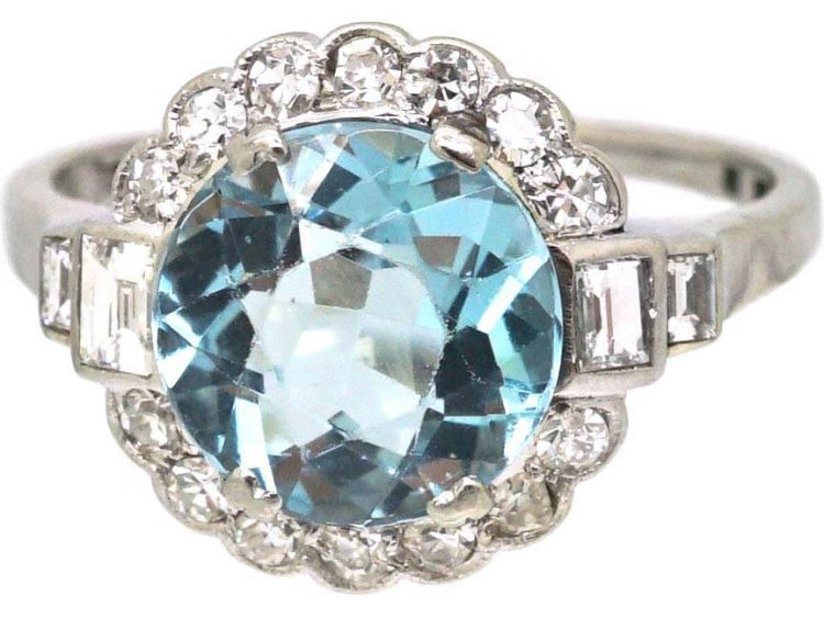 Art Deco Swedish 18ct White Gold Aquamarine & Diamond Cluster Ring