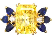 French Modernist 18ct Gold Ring set with a Large Yellow Sapphire, Sapphires & Diamonds