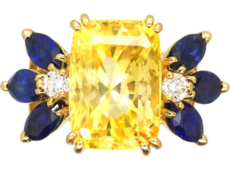 French Modernist 18ct Gold Ring set with a Large Yellow Sapphire, Sapphires & Diamonds