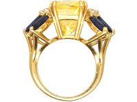 French Modernist 18ct Gold Ring set with a Large Yellow Sapphire, Sapphires & Diamonds