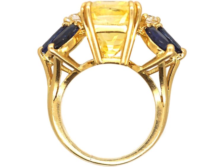 French Modernist 18ct Gold Ring set with a Large Yellow Sapphire, Sapphires & Diamonds
