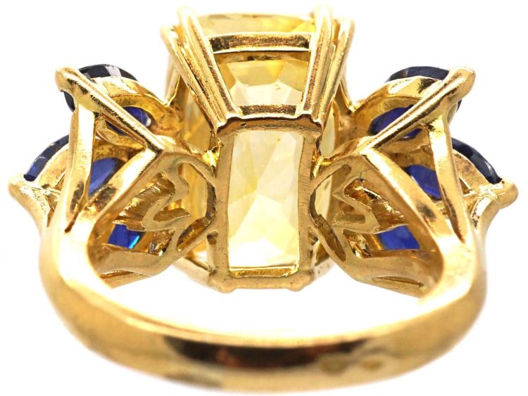 French Modernist 18ct Gold Ring set with a Large Yellow Sapphire, Sapphires & Diamonds