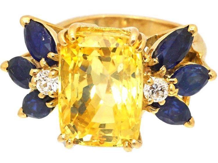 French Modernist 18ct Gold Ring set with a Large Yellow Sapphire, Sapphires & Diamonds