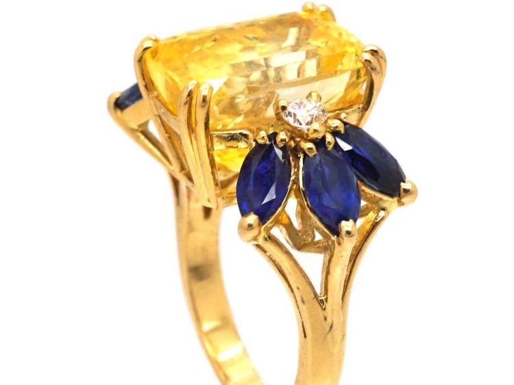 French Modernist 18ct Gold Ring set with a Large Yellow Sapphire, Sapphires & Diamonds