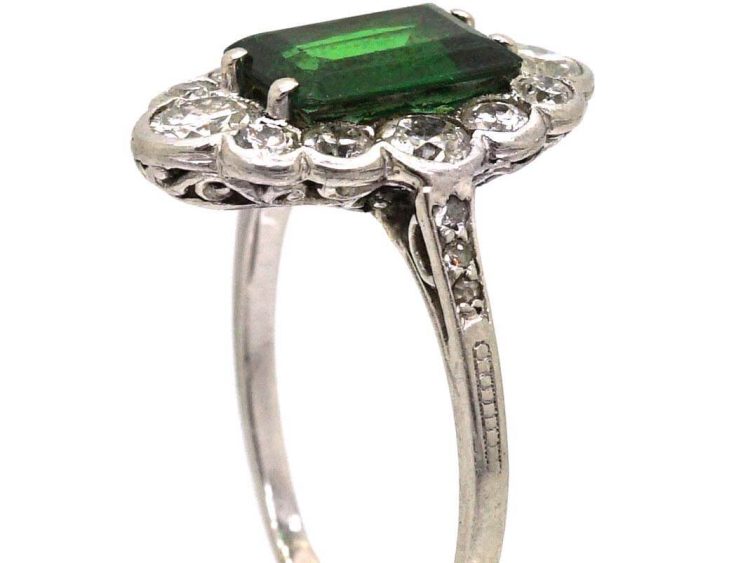 Art Deco Platinum Green Tourmaline & Diamond Ring