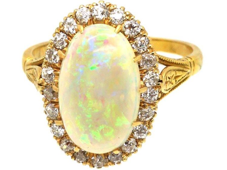 Edwardian 18ct Gold Opal & Diamond Oval Cluster Ring