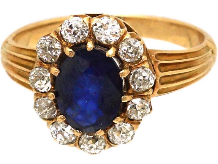 Edwardian 18ct Gold Sapphire & Diamond Oval Cluster Ring