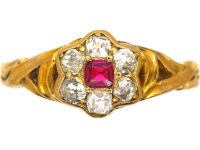 Victorian 18ct Gold Ruby & Diamond Flower Cluster Ring with Ornate Shoulders