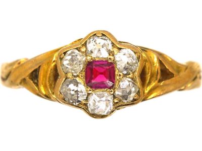 Victorian 18ct Gold Ruby & Diamond Flower Cluster Ring with Ornate Shoulders