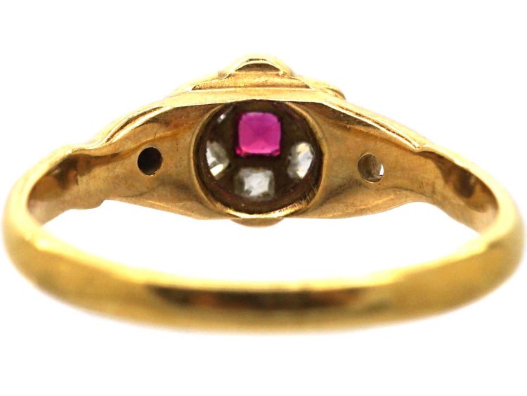 Victorian 18ct Gold Ruby & Diamond Flower Cluster Ring with Ornate Shoulders