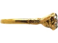 Victorian 18ct Gold Ruby & Diamond Flower Cluster Ring with Ornate Shoulders