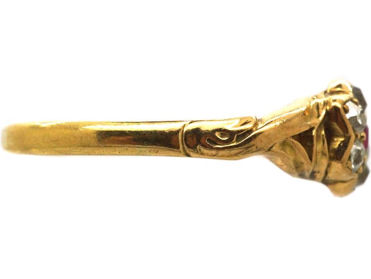 Victorian 18ct Gold Ruby & Diamond Flower Cluster Ring with Ornate Shoulders