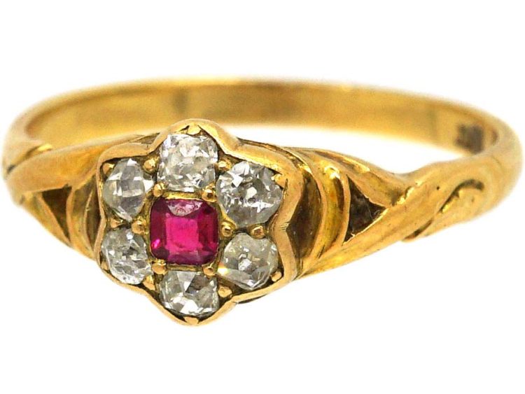 Victorian 18ct Gold Ruby & Diamond Flower Cluster Ring with Ornate Shoulders