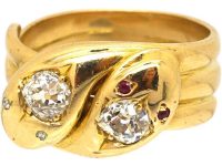 Victorian 18ct Gold Double Snake Ring set with Diamonds with Rose Diamond & Ruby Eyes